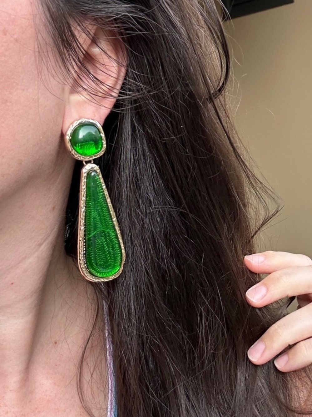 Green Drop Gold Stud Earrings